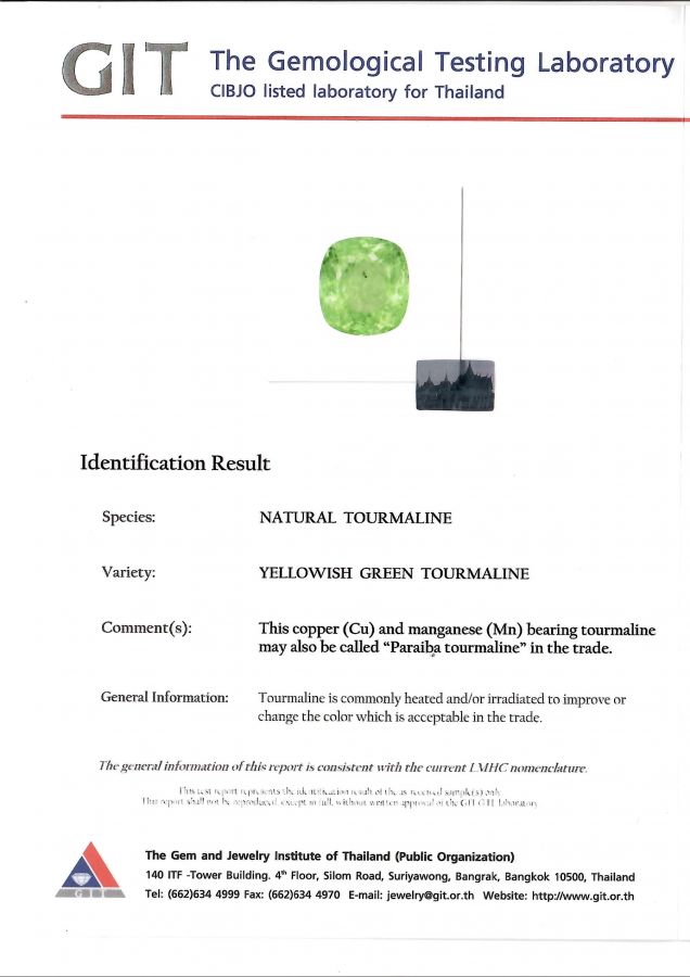 Сертификат Уникальный яркий зеленый турмалин Параиба 42,01 карата, Мозамбик
