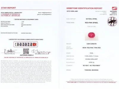 Сертификат Неоново-розовая Махенге шпинель в огранке овал 6,06 карат, Танзания
