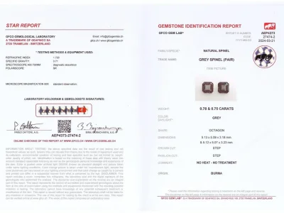 Сертификат Пара серых шпинелей в огранке ашер 1,53 карата, Бирма