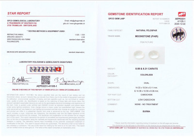 Сертификат Пара лунных камней в огранке кабошон 16,89 карат, Бирма