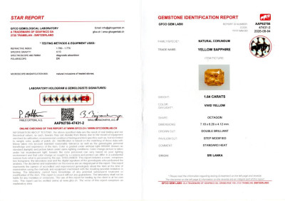 Сертификат Сапфир Vivid Yellow в огранке радиант 1,64 карат, Шри-Ланка