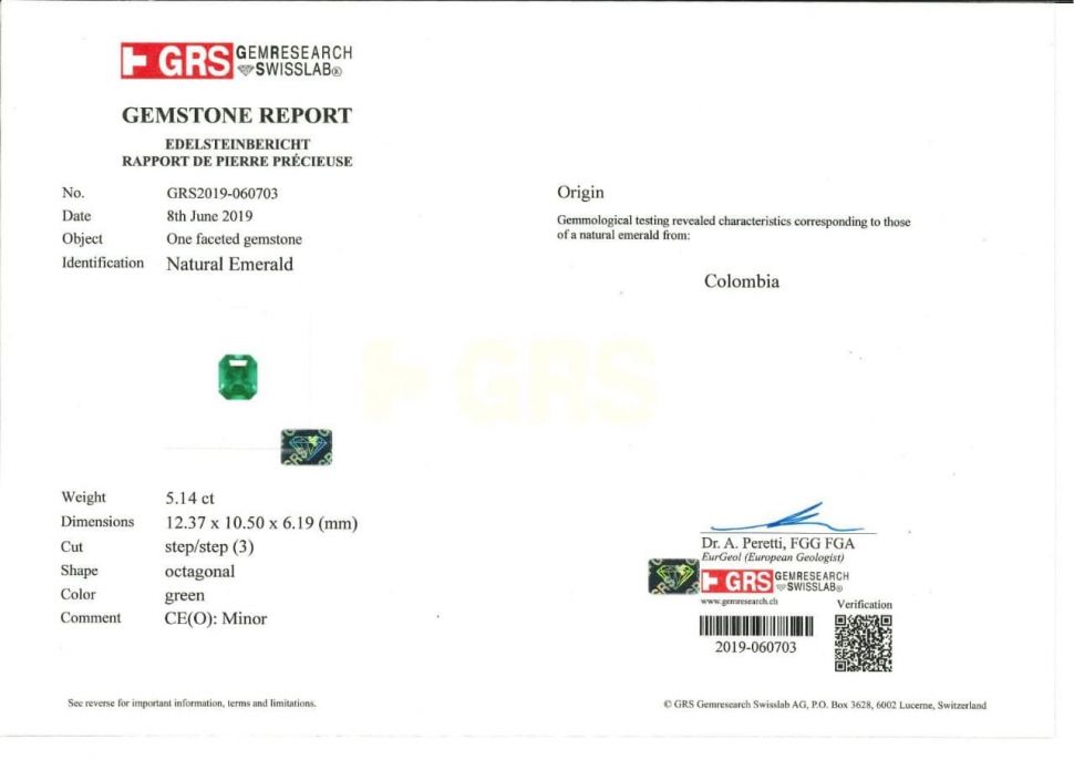 Сертификат Пара колумбийских изумрудов топового качества 11,01 карат, GRS