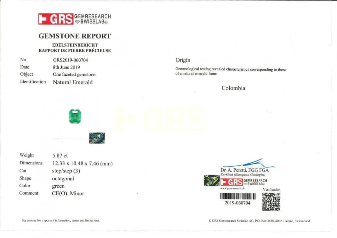 Сертификат Пара колумбийских изумрудов топового качества 11,01 карат, GRS