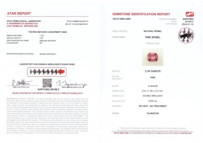 Сертификат Розово-пурпурная шпинель из Таджикистана в огранке кушон 2,10 карат