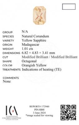 Сертификат Желтый сапфир (Intense Yellow) в огранке радиант 1,01 карата, Мадагаскар