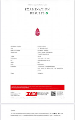 Сертификат Негретый сапфир Падпараджа в огранке груша 3,04 карата, Мадагаскар