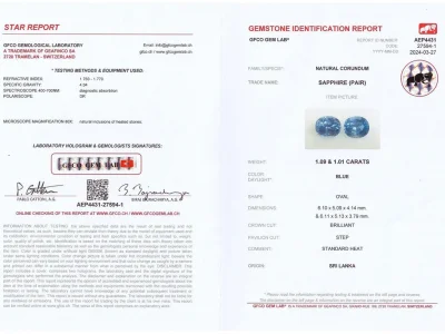 Сертификат Пара синих сапфиров в огранке овал 2,10 карат, Шри-Ланка