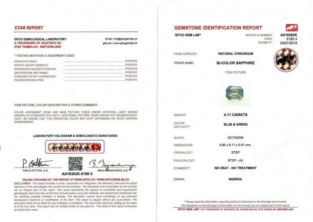 Сертификат Полихромный сапфир цвета Teal 4,11 карата, Нигерия, GFCO
