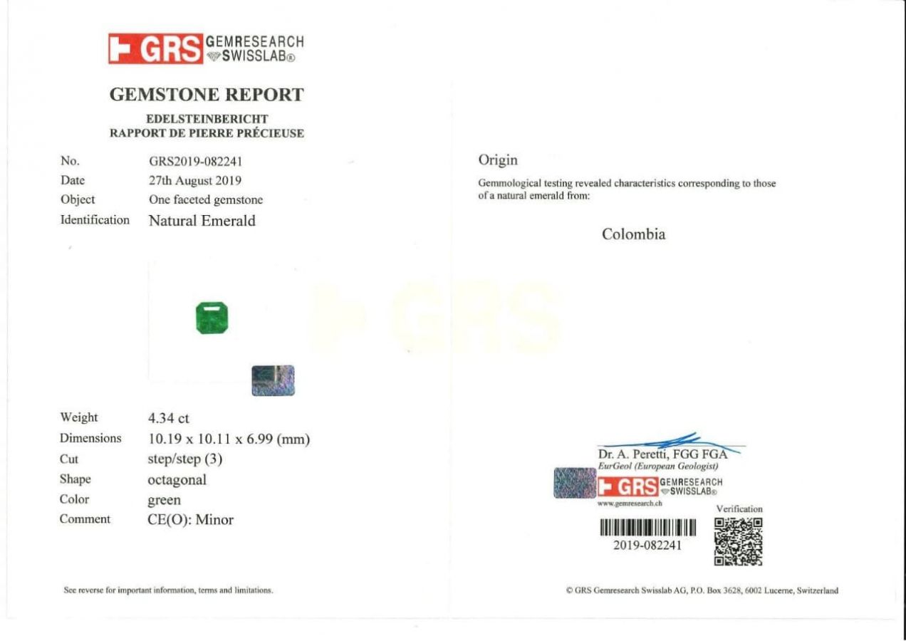 Сертификат Природный насыщенный колумбийский изумруд 4,34 карата, GRS