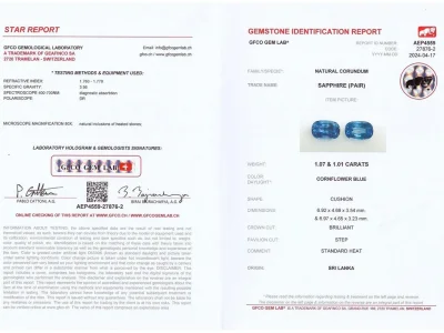 Сертификат Пара синих сапфиров  в огранке кушон 2,08 карат, Шри-Ланка 