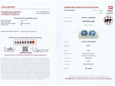 Сертификат Пара синих сапфиров в огранке овал 3,68 карат, Шри-Ланка