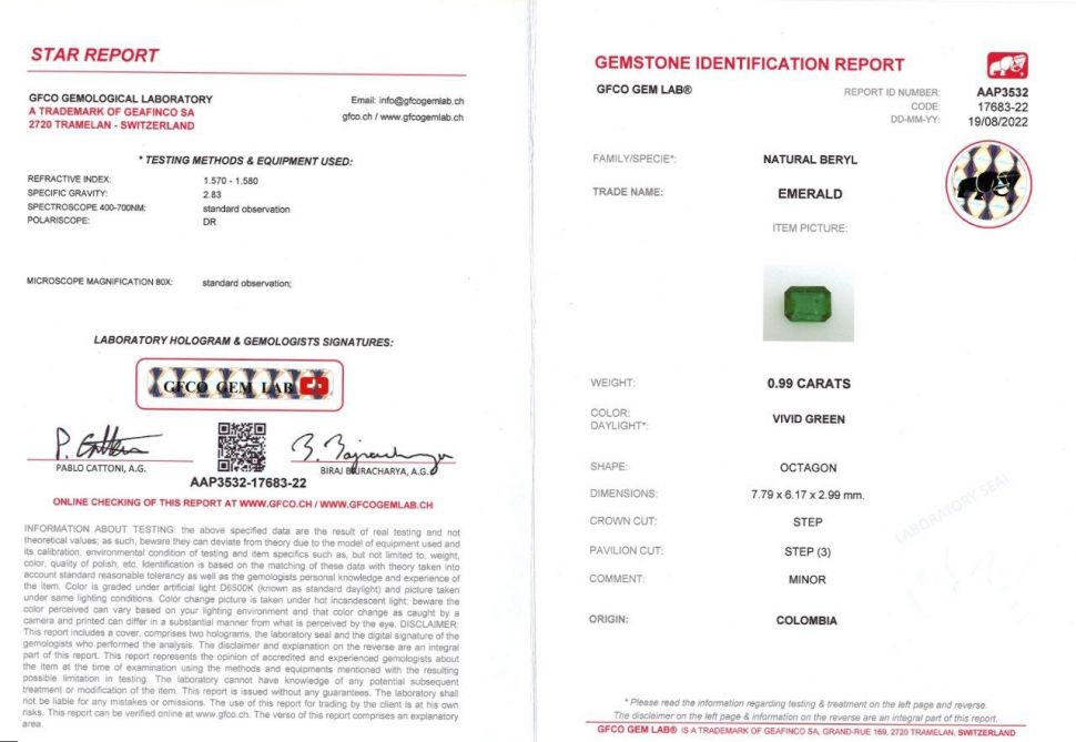 Сертификат Изумруд Vivid Green в огранке октагон 0,99 карат, Колумбия