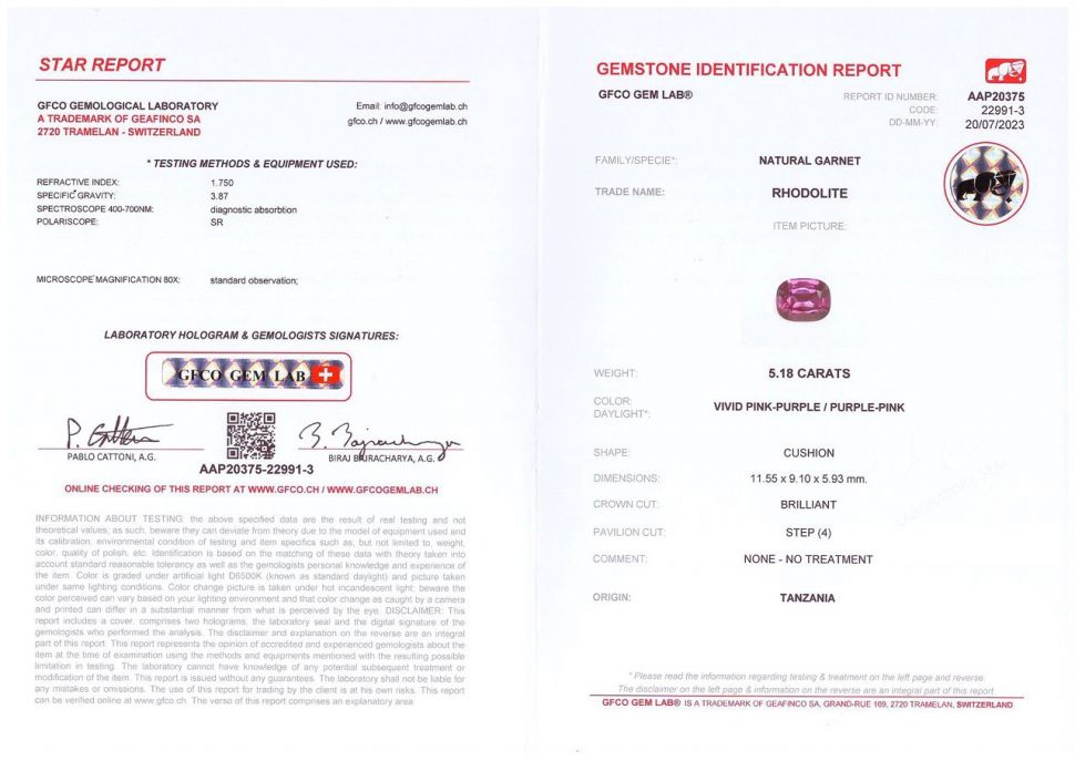 Сертификат Гранат родолит в огранке кушон из Танзании, 5,18 карат