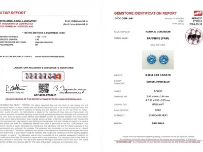 Сертификат Пара васильковых сапфиров в огранке круг 1,79 карат, Шри-Ланка