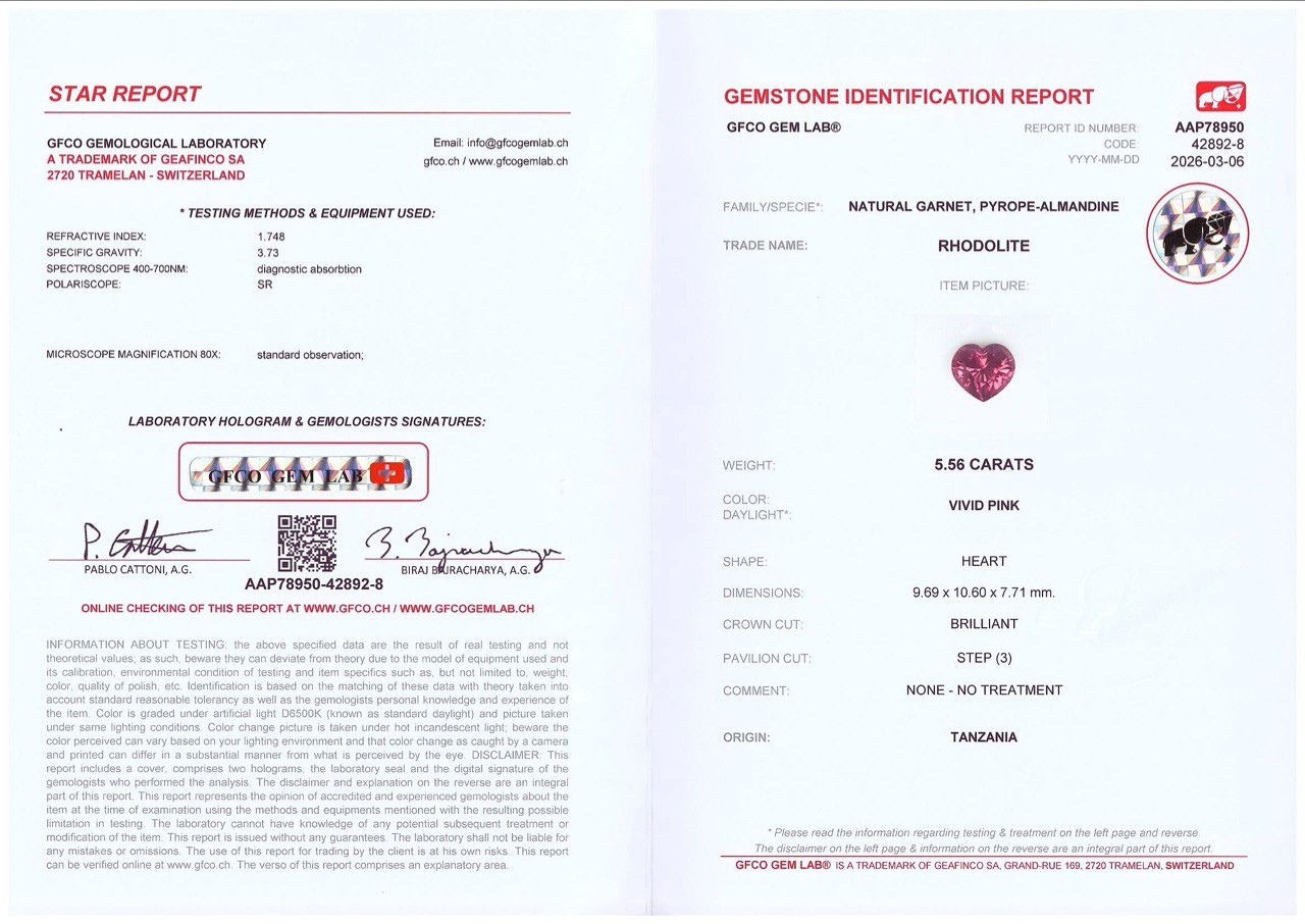 Гранат родолит Vivid Pink в огранке сердце 5,56 карат, Танзания Изображение №6