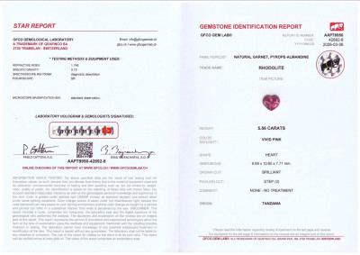 Сертификат Гранат родолит Vivid Pink в огранке сердце 5,56 карат, Танзания