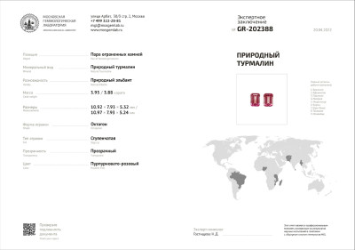 Сертификат Пара розовых турмалинов в огранке октагон 7,83 карат, Афганистан