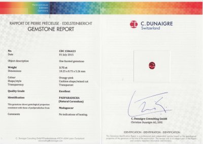 Сертификат Негретый сапфир падпараджа 3,75 карат, Мадагаскар