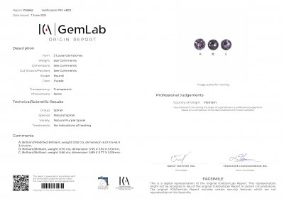 Сертификат Кольцо с серо-фиолетовой шпинелью 0,87 карат в белом золоте 750 пробы