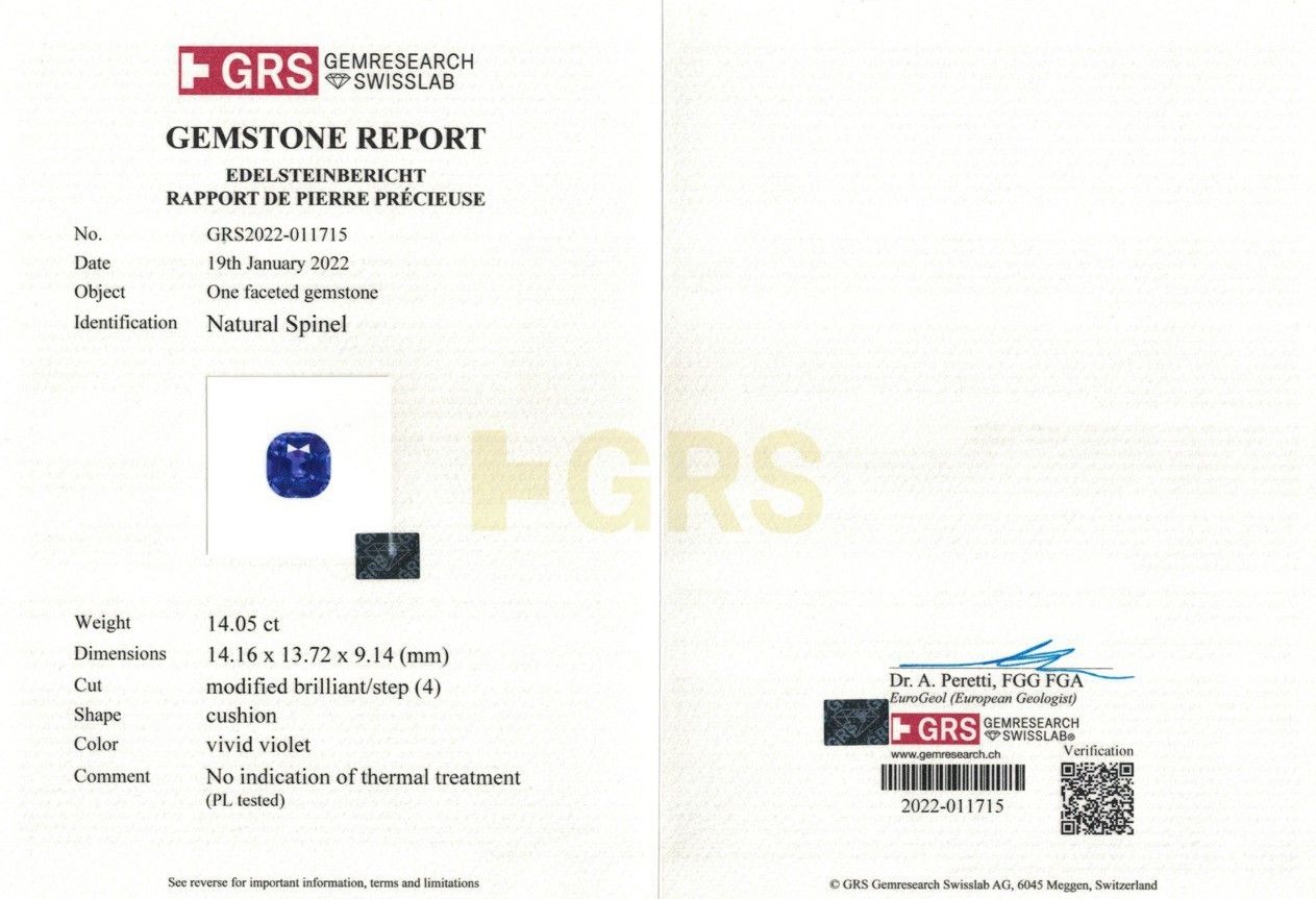 Сертификат Уникальная яркая голубовато-фиолетовая шпинель 14,05 карат, Шри-Ланка, Lotus, GRS