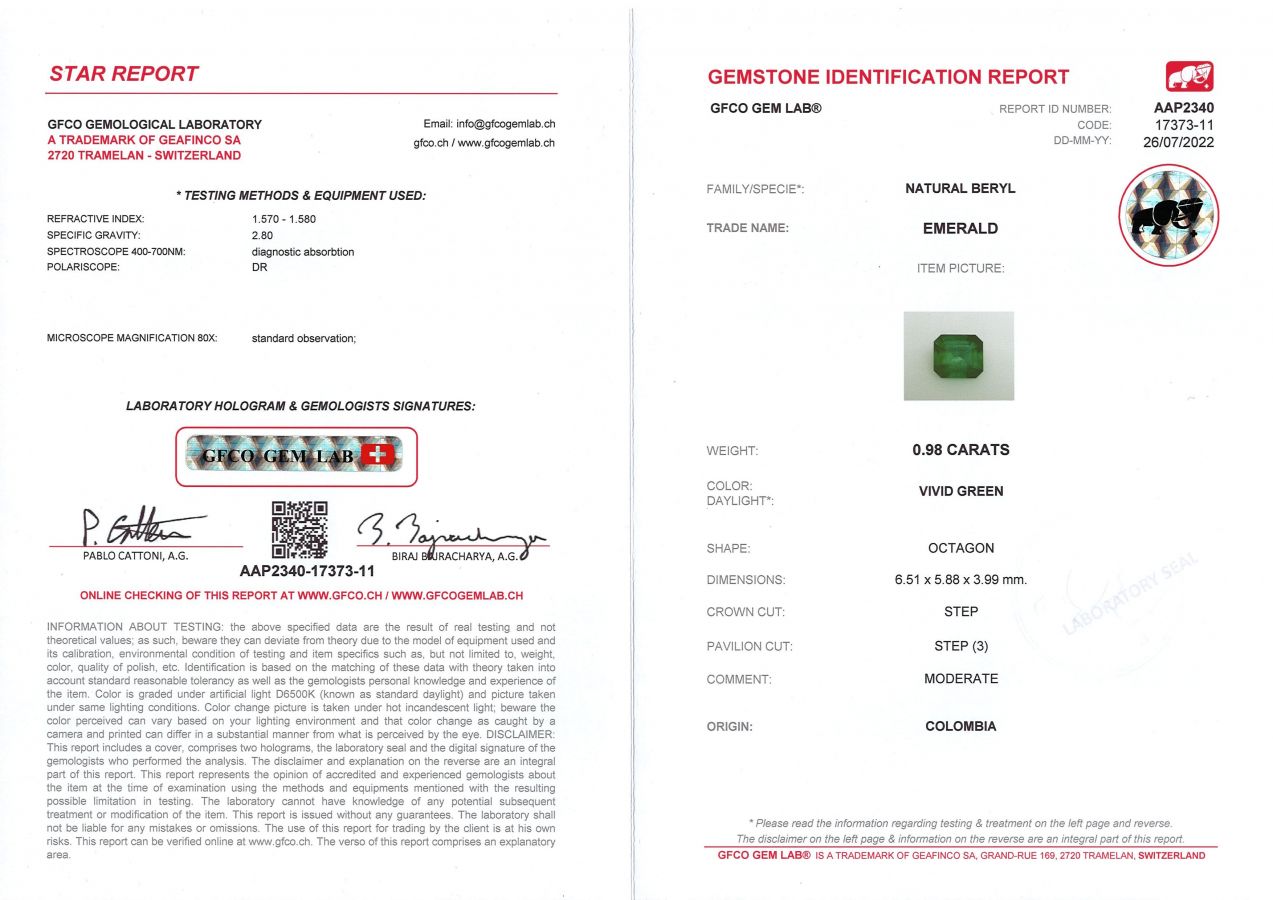 Сертификат Колумбийский изумруд в огранке октагон 0,98 карат