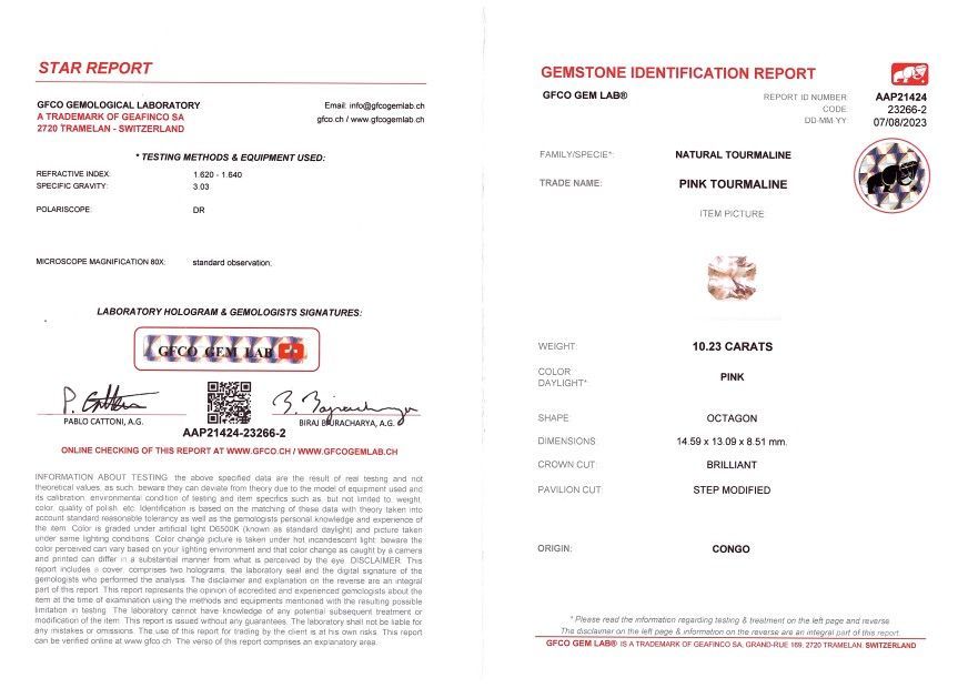 Сертификат Розовый турмалин в огранке октагон 10,23 карата из Африки