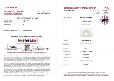 Сертификат Лунный камень в огранке овал 4,60 карат, Бирма 