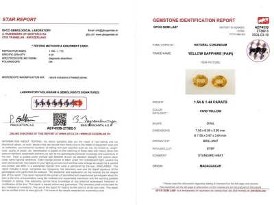 Сертификат Пара ярких желтых сапфиров в огранке овал 2,98 карат, Мадагаскар