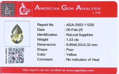 Сертификат Негретый зеленый сапфир в огранке груша 1,53 карата, Мадагаскар