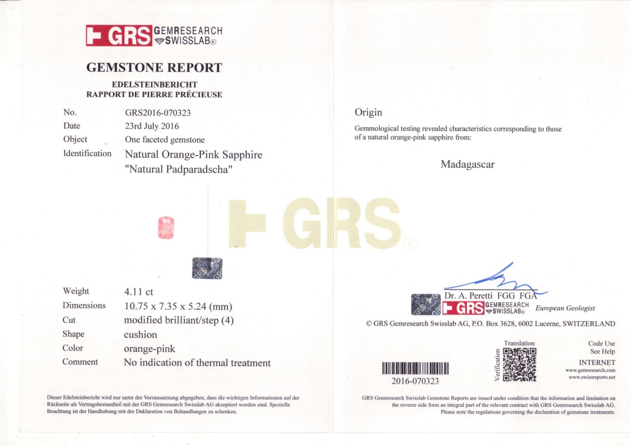 Сертификат Негретый сапфир падпараджа 4,11 карат, Мадагаскар, GRS