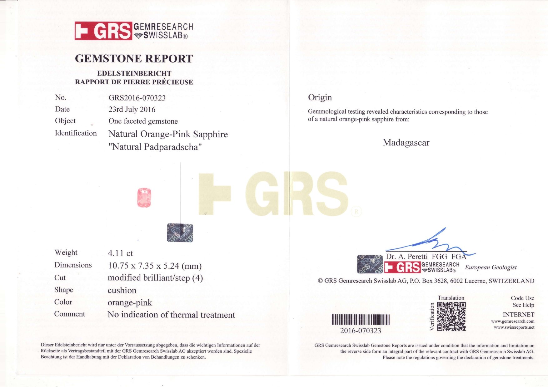 Негретый сапфир падпараджа 4,11 карат, Мадагаскар, GRS Изображение №8