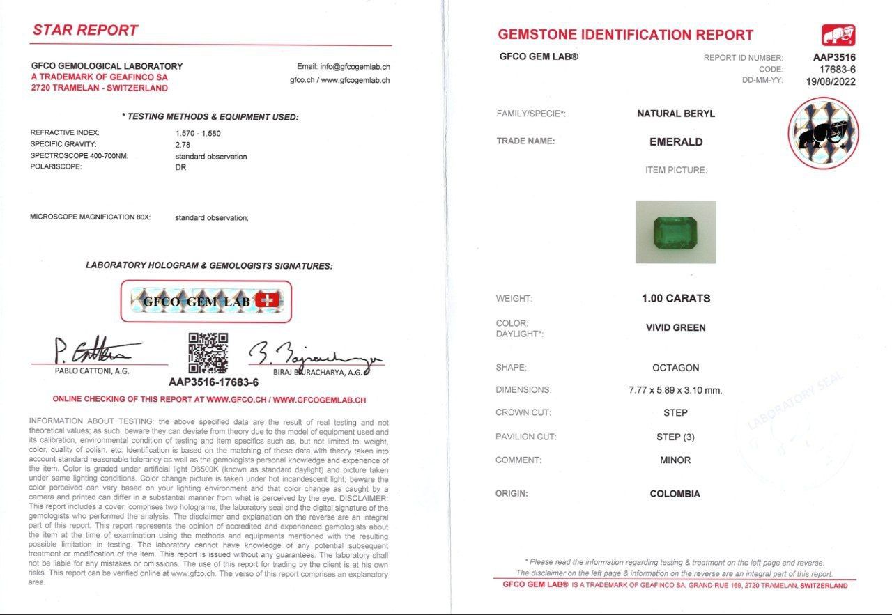 Сертификат Колумбийский изумруд в огранке октагон 1,00 карат