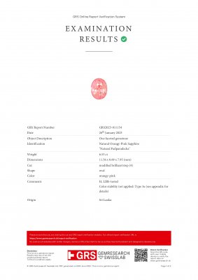 Сертификат Сапфир Падпараджа цвета Sunrise 6,53 карата, Шри Ланка, GRS