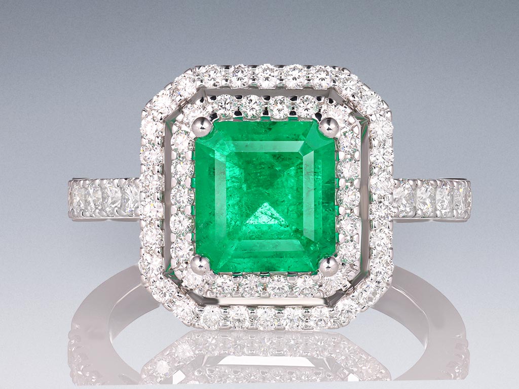 Кольцо с изумрудом цвета Muzo Green 1,85 карат и бриллиантами в белом золоте 750 пробы Изображение №1