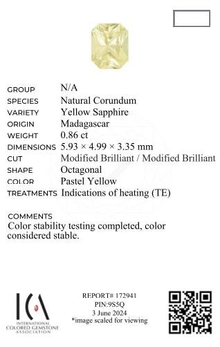 Желтый сапфир Pastel Yellow в огранке радиант 0,86 карата, Мадагаскар Изображение №6