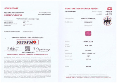 Сертификат Турмалин рубеллит ярко-розовый в огранке октагон 11,05 карат, Нигерия