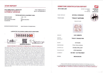Сертификат Негретый персиковый сапфир в огранке радиант 2,51 карат, Мадагаскар