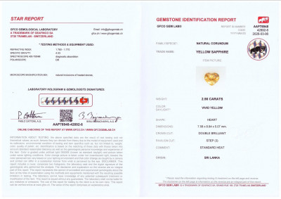 Сертификат Сапфир Vivid Yellow в огранке сердце 2,56 карат, Шри-Ланка