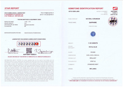 Сертификат Сапфир Royal Blue в огранке круг 1,10 карат, Шри-Ланка 