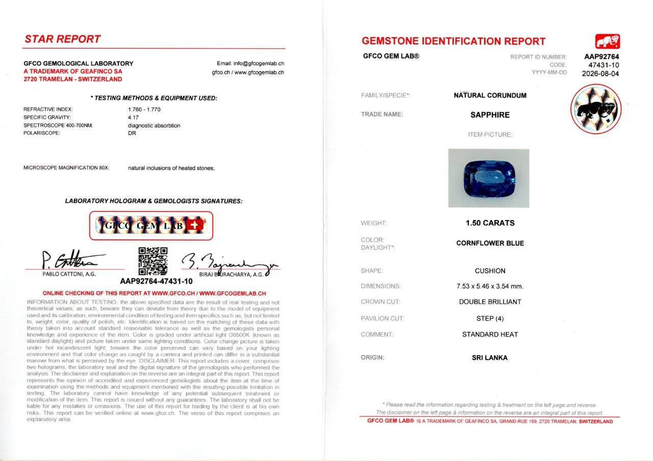 Сапфир Cornflower Blue в огранке кушон 1.50 карат, Шри-Ланка Изображение №6