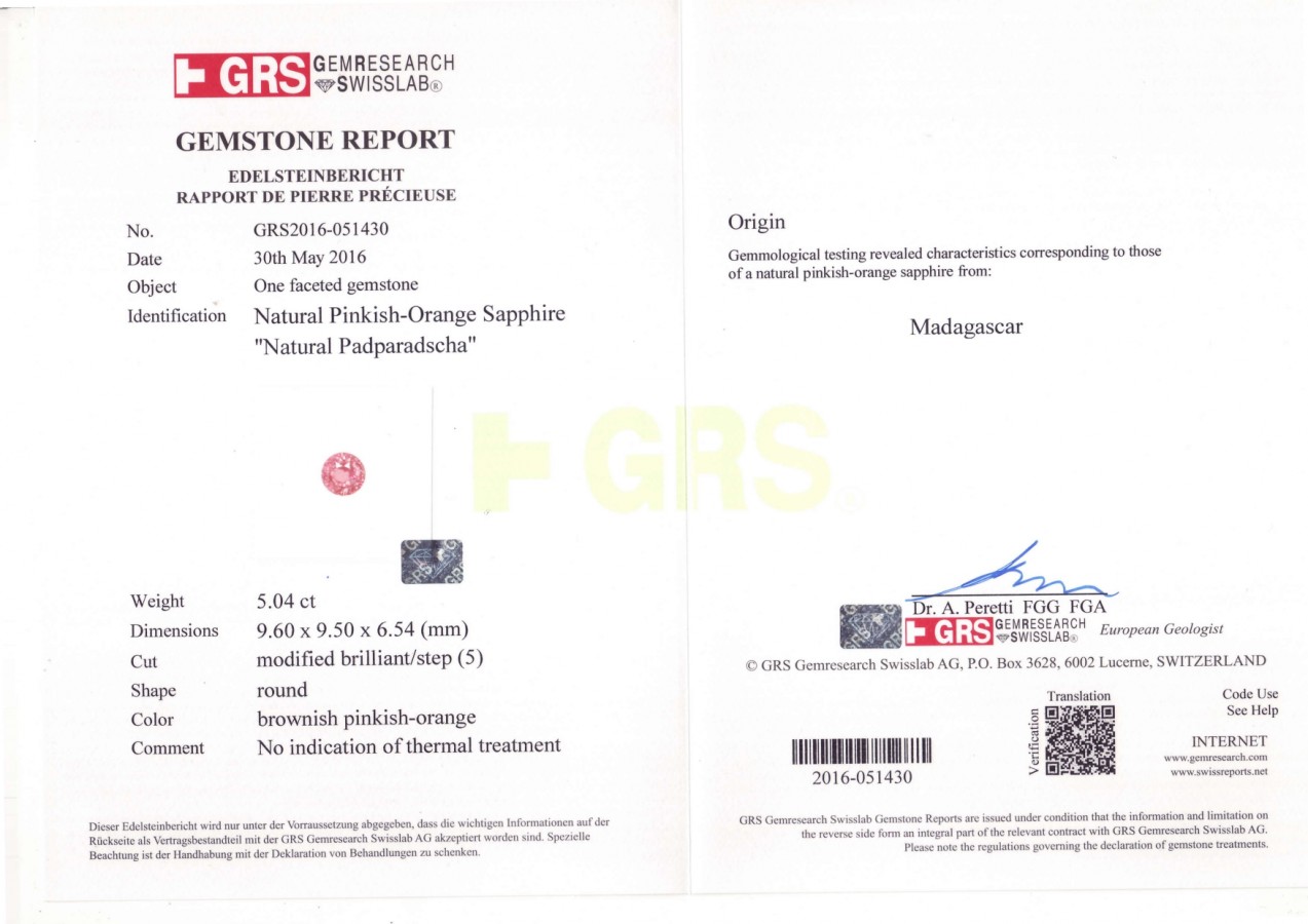 Сертификат Негретый сапфир падпараджа 5,04 карата, Мадагаскар, GRS