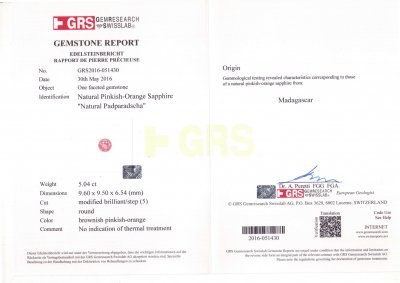 Сертификат Негретый сапфир падпараджа 5,04 карата, Мадагаскар, GRS
