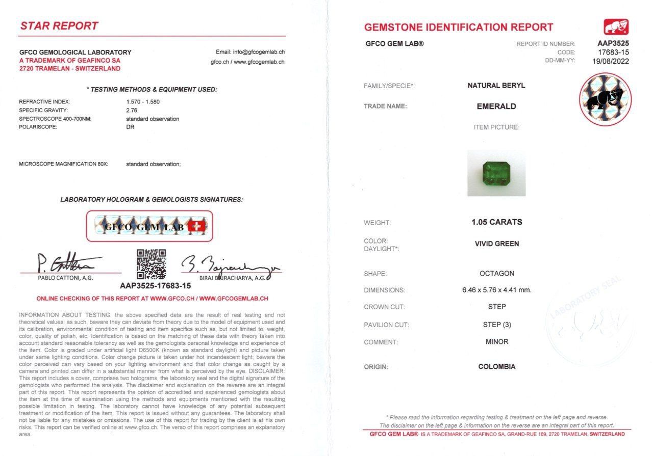 Сертификат Колумбийский изумруд в огранке октагон 1,05 карат