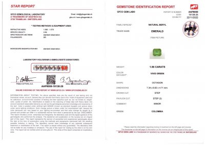 Сертификат Яркий колумбийский изумруд 1,56 карат, Vivid Green
