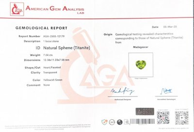 Сертификат Желто-зеленый сфен в огранке сердце 7,04 карата, Мадагаскар