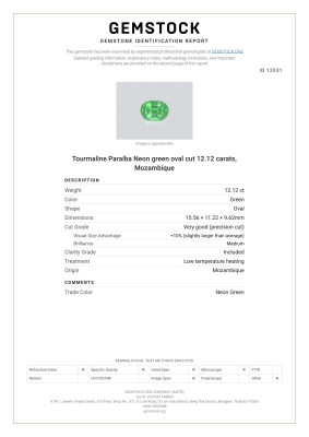 Сертификат Лот №3. Турмалин Параиба Neon green в огранке овал 12,12 карат, Мозамбик 