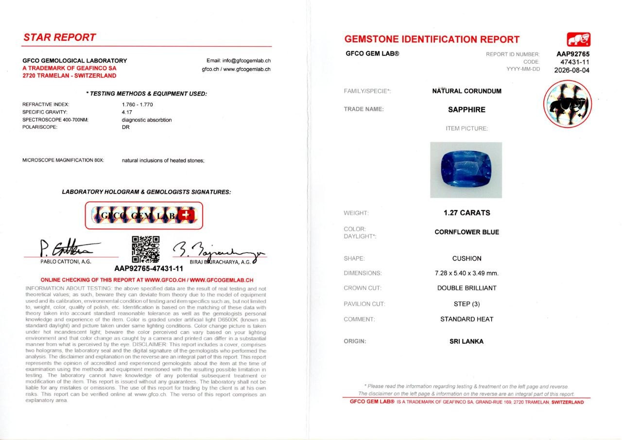 Сапфир Cornflower Blue в огранке кушон 1,27 карат, Шри-Ланка Изображение №6
