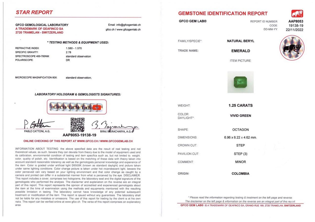 Сертификат Насыщенный изумруд в огранке октагон 1,25 карат, Колумбия