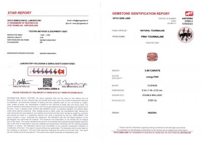 Сертификат Розовато-красный турмалин в огранке кушон из Африки 3,08 карата