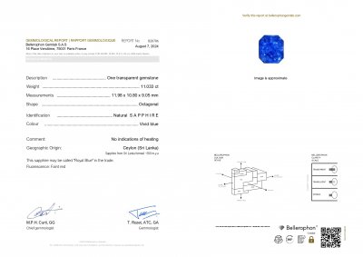 Сертификат Негретый синий сапфир цвета Cornflower 11,03 карата в огранке радиант, Шри-Ланка